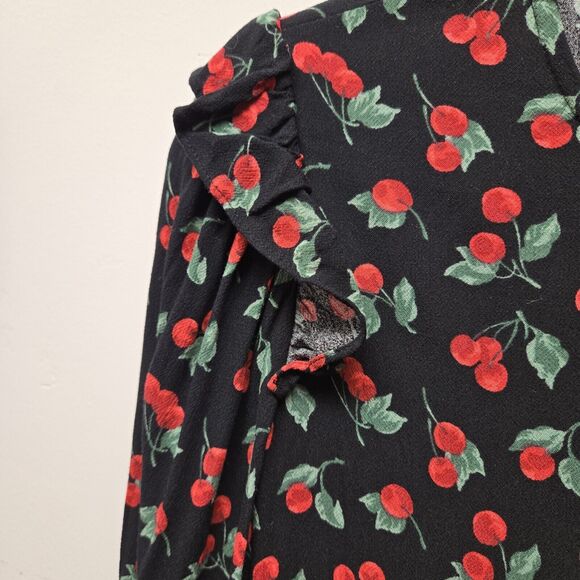 Reformation Bedford Mini Short Dress sz Small Cherry Fruits Ruffles Black Red - Picture 6 of 13